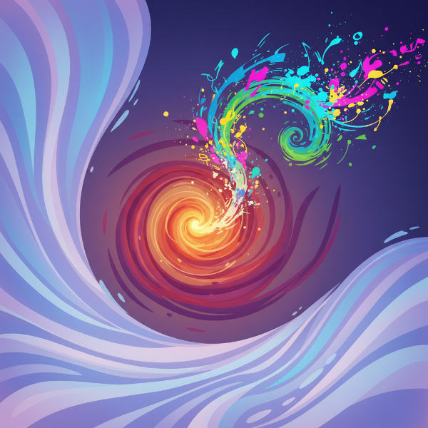 抽象艺术插画，展示情绪能量的三种流动模式：蓄积、转化与释放，用色彩渐变和动态线条表现能量在生活中的贯穿与平衡。