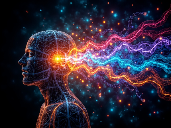 一幅抽象的能量流动可视化图像，展示代表思考、行动、感受和直觉的彩色光流在人体轮廓内汇聚与分流，呈现平衡与不平衡的能量分布模式。