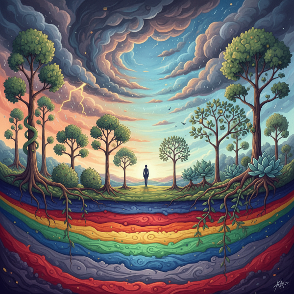 一幅描绘内心花园的插画，将情感、应对机制和人际关系倾向分别表现为土壤、气候和植物生长模式，展现复杂而独特的个人心理生态系统。