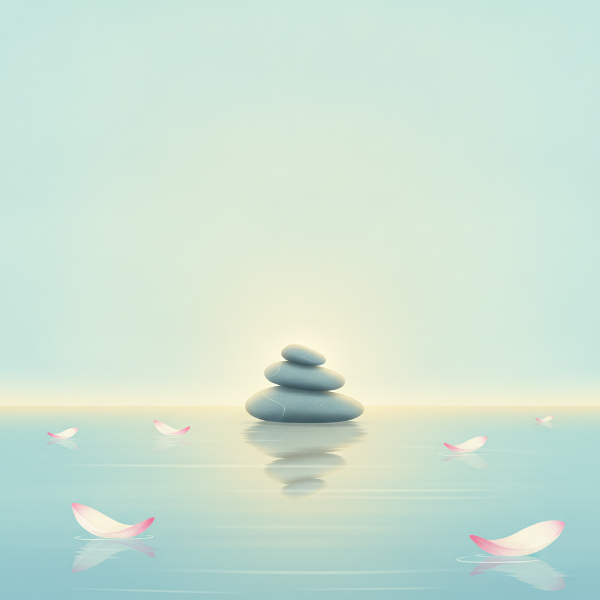 平静的湖面倒映天空，莲花漂浮，石块平衡，柔和光线，传达内在宁静与平衡