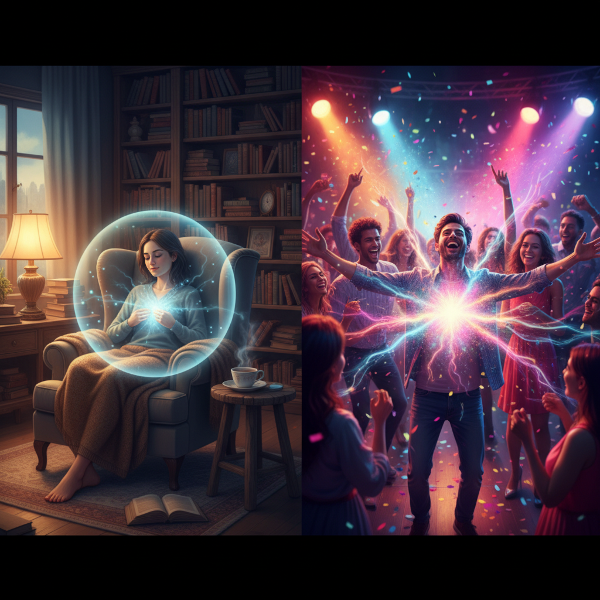 一幅描绘内向者与外向者社交能量获取方式对比的视觉隐喻图，展现不同的精力恢复场景和社交边界。