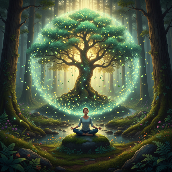 一个人在发光的树下冥想，周围环绕绿色叶片和光芒，象征自然连接与心理和谐。