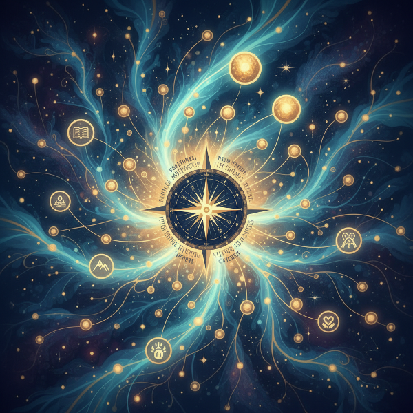 一幅超现实数字插画，以发散路径和发光节点表现选择，中心有指南针象征内在动机与人生目标，色调为梦幻蓝金。