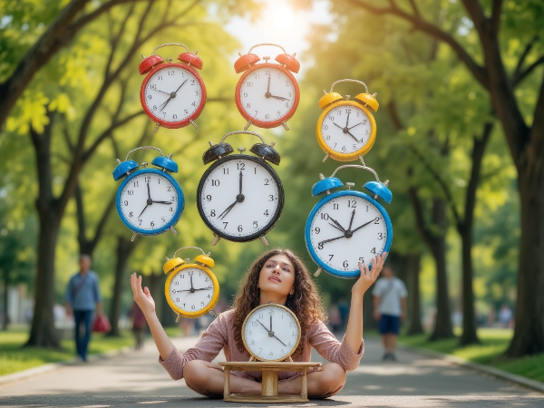 一个人在一个宁静的公园里同时抛接着多个彩色的时钟和日历，背景中有一个平衡的天平，一端是工作图标，另一端是休闲图标，象征着时间管理与生活平衡。