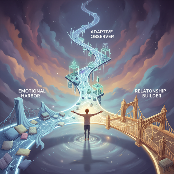 一个人站在三条发光路径的交汇点，分别象征情绪避风港、适应观察者和关系构建者三种社交角色，超现实风格，象征性插图。