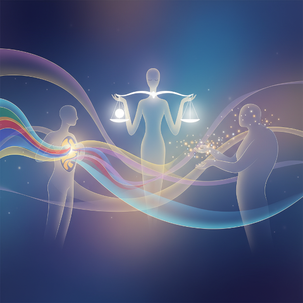 超现实插画展示三种社交能量原型在能量场中互动：吸纳情绪波、平衡光之天平、释放他人潜能，以极简抽象风格呈现人际能量流动