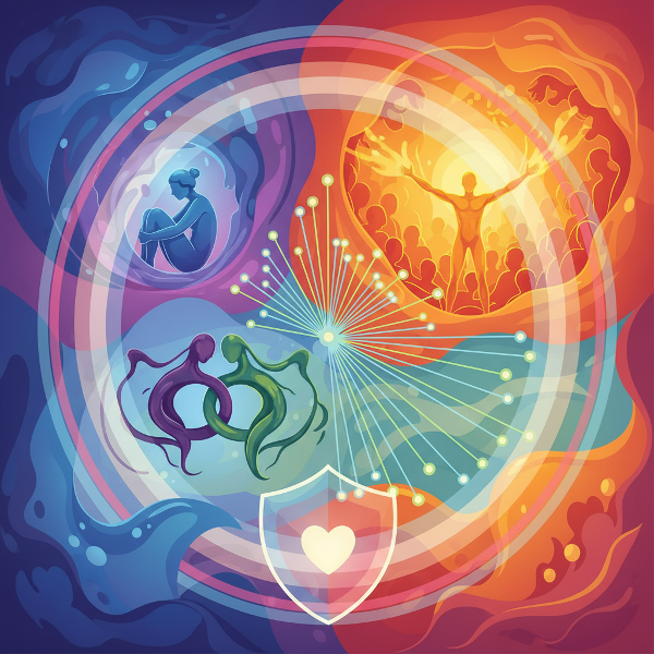 一幅抽象插画，展示不同社交能量模式：内向者在安静空间独处充电，外向者在热闹人群中焕发光彩，深度对话与广泛联络的对比，以及平衡的人际边界。色彩光谱代表不同的社交偏好。