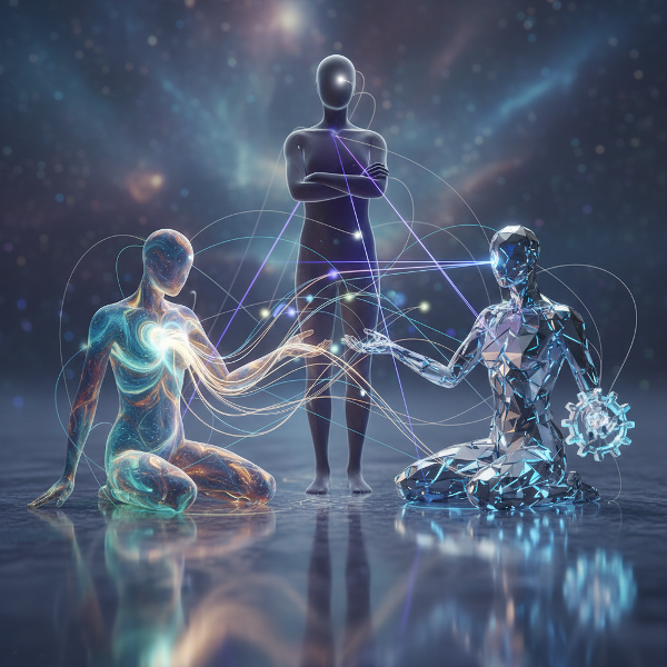 一幅描绘三种社交互动模式的视觉隐喻图：共情连接者、战略协作者和独立观察家，通过微妙的能量流连接成和谐网络。