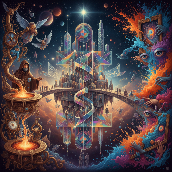 一幅超现实图像，展示三种创意路径：象征炼金术转变物体、几何诗歌融合结构与美、直觉感官反叛打破界限。