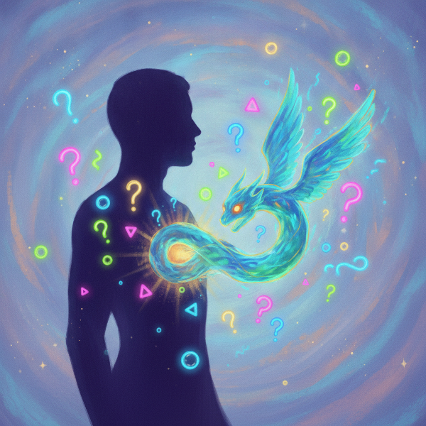 一幅超现实奇幻画作，人形剪影胸口透出发光神秘野兽，周围漂浮问号和霓虹抽象形状。