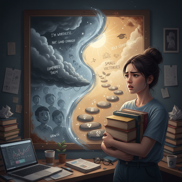 描绘一名19岁女大学生在自我怀疑与建立自信之间的内心挣扎，通过对比负面思维和积极行动路径来展现心理成长过程。