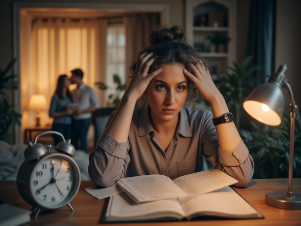 一位35岁女性在办公桌前显得疲惫，背景中温馨的家庭场景变得模糊疏远，旁边有象征休息、小目标和沟通的积极元素。