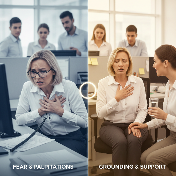 一位54岁女性在工作中经历恐慌发作，通过接地技术和支持恢复平静。