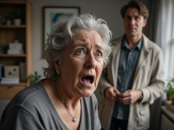 一位61岁女性在家中经历突如其来的愤怒，伴有心跳加速等生理症状，背景中有一位平静的心理学家提供支持。