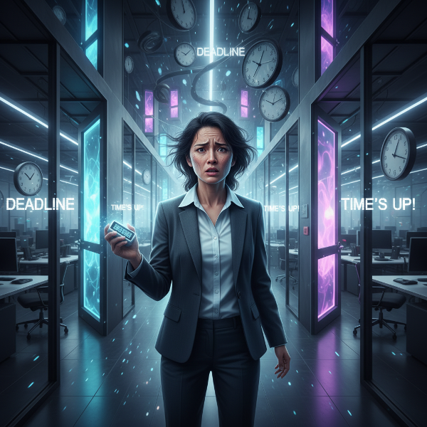 一位女性在迷宫般的办公室里奔跑，手持倒计时器，象征职场压力与职业认同危机。