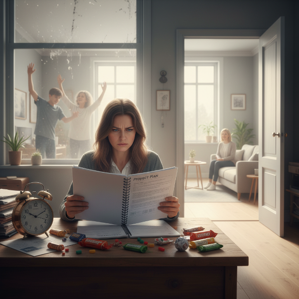 一位疲惫的女性在办公室中，家庭冲突的幻影与工作压力交织，桌上散落甜食，远处有代表心理咨询的希望之光。