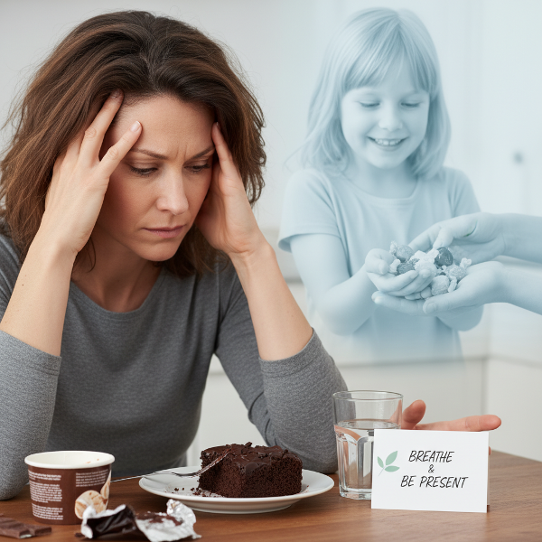 一位四十岁女性在焦虑时面对甜食诱惑，背景浮现童年被糖果安抚的记忆，同时展现使用替代策略寻求平静的转变瞬间。