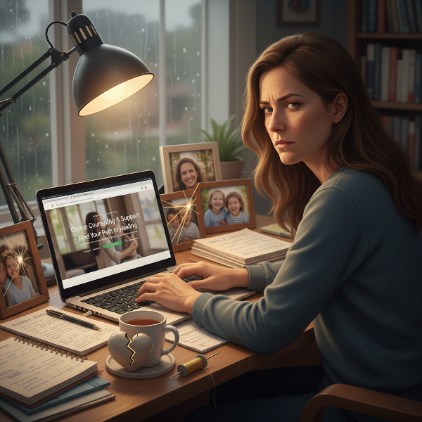 一位42岁女性在职业倦怠和信任创伤的多重压力下寻求平衡与自我重建，画面融合了工作、家庭和内心冲突的象征元素。