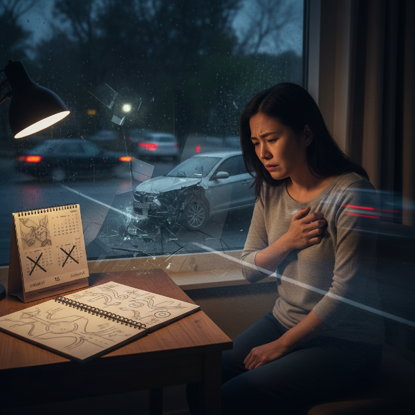 一位30多岁的女性在夜间独坐，表现出创伤后应激反应，窗外雨景映出模糊车灯，画面叠加着车祸记忆的碎片。