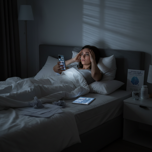 一位35岁的女性项目经理在科技初创公司工作，因压力导致头痛和疲劳，夜晚无法入睡，脑海中充满工作思绪，无法放松，寻求心理帮助。