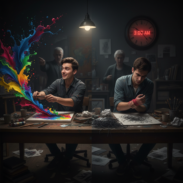 一位年轻艺术家深夜作画，画面展现艺术作为情绪出口与逃避现实的双重性，以及身体疲惫和家庭压力。