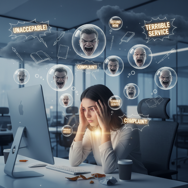一位年轻女客服在办公室感到压力和自我怀疑，被客户的负面反馈包围，同时她的艺术爱好在背景中黯淡无光。