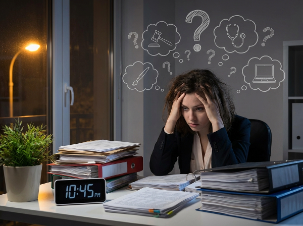 一位年轻职场新人面对重复性工作感到迷茫和疲惫，在办公桌前思考职业方向，画面中既有压力也透露出希望。