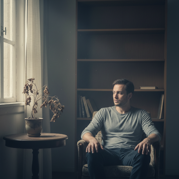 一位年轻男性在昏暗房间中望向窗外，表情疏离疲惫，周围环境暗示兴趣减退，但窗外微光带来希望感。