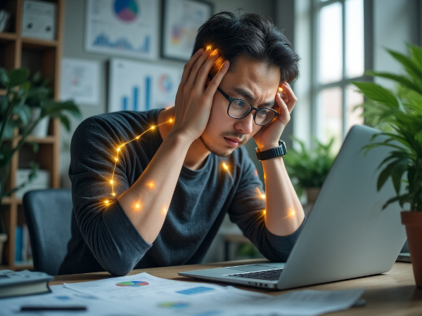 一位年轻男性在职业与财务压力下，表现出身心连接的症状，如头痛和肌肉紧张。
