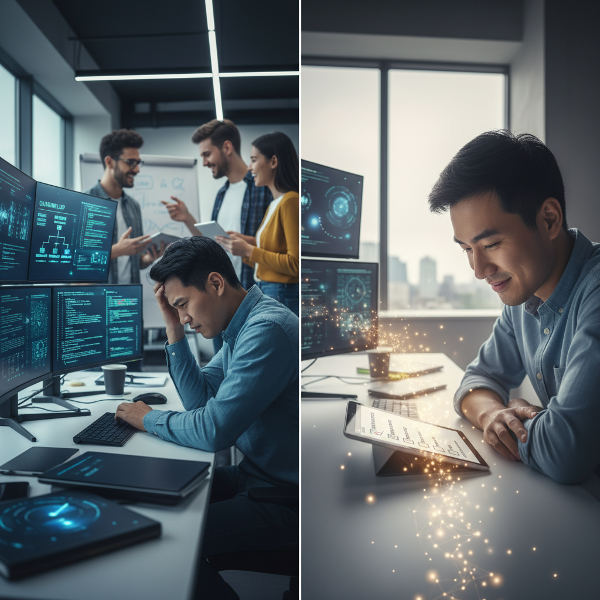 一位年轻职场人在充满陌生术语的数字环境中感到压力，画面最终展现通过专注小任务找到前进方向的转变。