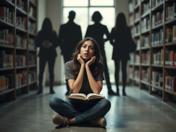 一位年轻女性在图书馆中感到焦虑和迷失，背景中的同龄人显得自信，象征着她对未来的不确定和与别人的比较。