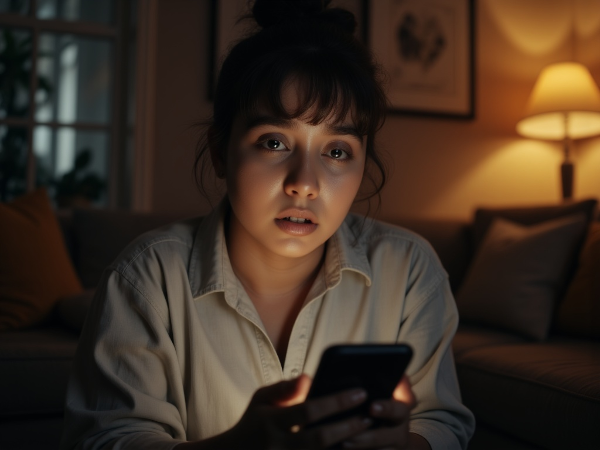 一位年轻女性在恋爱初期因等待消息回复而感到焦虑不安的场景。