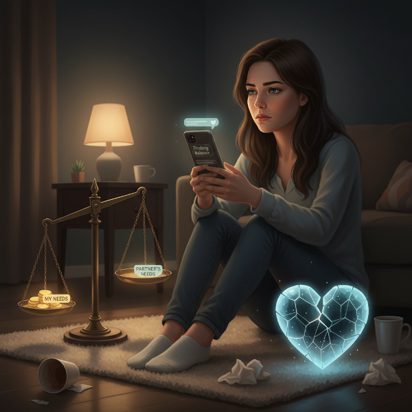 一位年轻女性在亲密关系中感到疲惫，为取悦伴侣而牺牲自我需求，正在思考如何建立健康界限。