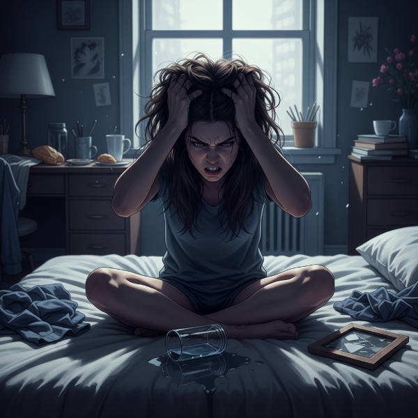 年轻女性因愤怒失控而摔门，房间凌乱，水杯打翻，暗示情绪问题与身体不适