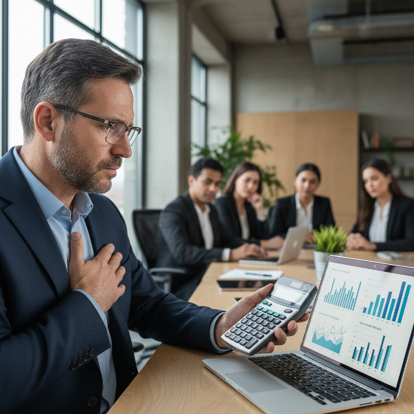 Muž středního věku v kanceláři zažívá pocit nejistoty před prezentací, zatímco mladší kolegové čekají.