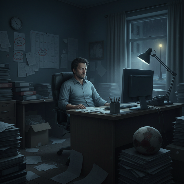 Muž uprostřed účetních dokumentů, pociťující prázdnotu a izolaci v monotónní rutině.