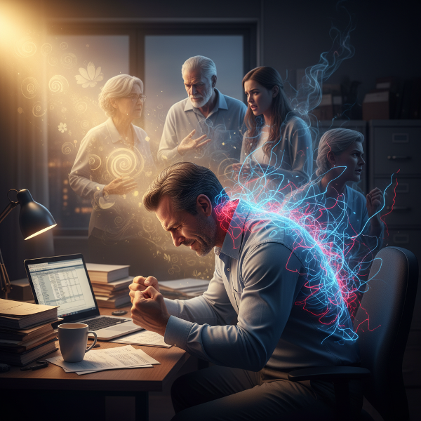 Muž v kanceláři s bolestí zad, kde stres a minulé trauma jsou vizuálně propojeny s jeho tělesným napětím.