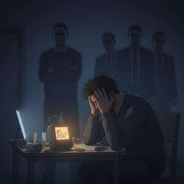 Muž v noci zápasí s úzkostí, obklopen stíny minulosti a obav, zatímco světlo z dětského monitoru symbolizuje jeho novou roli otce.