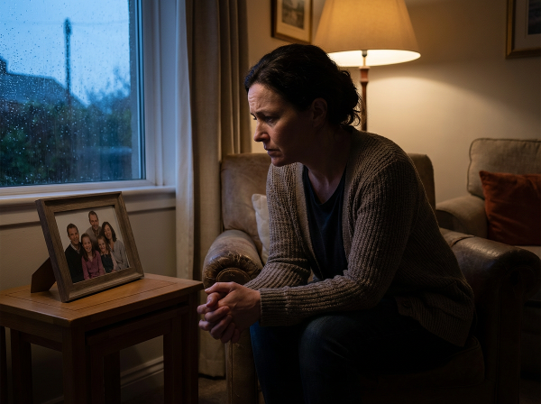 Žena středního věku hledí z okna s úzkostným výrazem, symbolizujícím vnitřní boj a přemítání nad zradou v manželství.