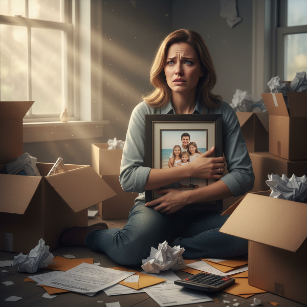 Ilustrace ženy uprostřed rodinné krize, která drží rodinnou fotografii, obklopená stěhovacími krabicemi a účty, s náznakem naděje v pozadí.