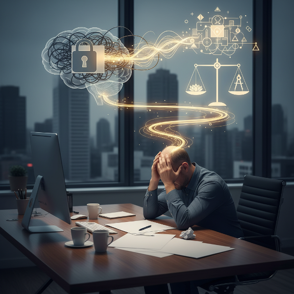 Mužský architekt v kanceláři zažívá tvůrčí blok a úzkost, zatímco se hledá cesta k psychické rovnováze a nové inspiraci.