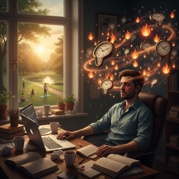 Ilustrace mladého muže vyčerpaného prací u počítače, obklopeného symboly stresu a času, s pohledem na klidnou scénu venku, která představuje naději a cestu k rovnováze.