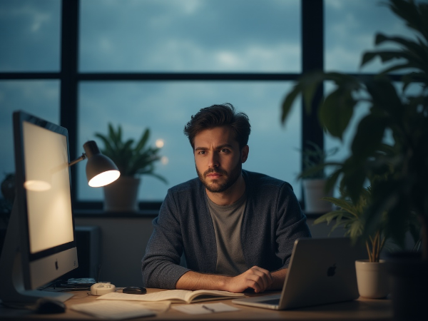 Unavený muž v kanceláři, který se cítí vyhořelý a hledá smysl ve své práci.