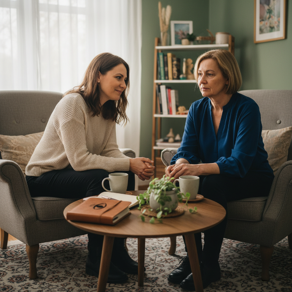 Psycholožka Jasna poskytuje podporu a vedení klientce Aleně v útulném prostředí, symbolizující začátek cesty k lepším hranicím a sebelásce.