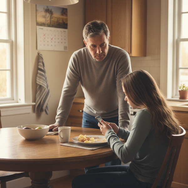 Otec se starostlivě dívá na dceru, která u stolu odmítá jídlo, ilustrující obavy z poruchy příjmu potravy v rodině po rozvodu.