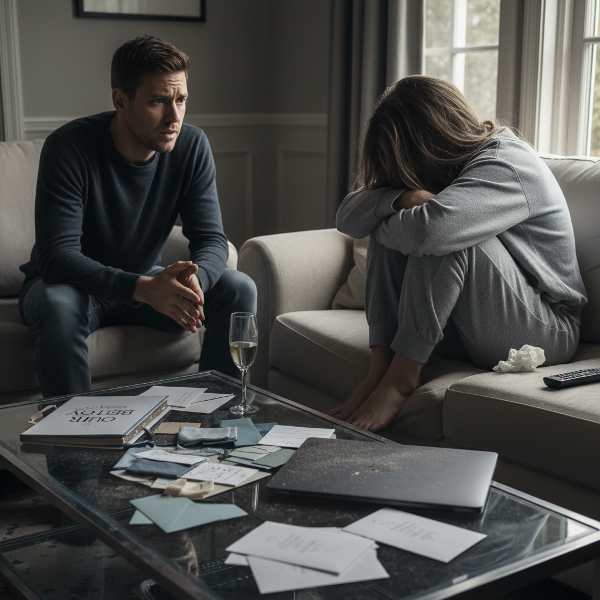 Muž s obavami hledí na svou partnerku, která sedí uzavřená na pohovce v teplácích, zatímco kolem jsou nedokončené plány na svatbu, což znázorňuje napětí ve vztahu a emocionální odstup.