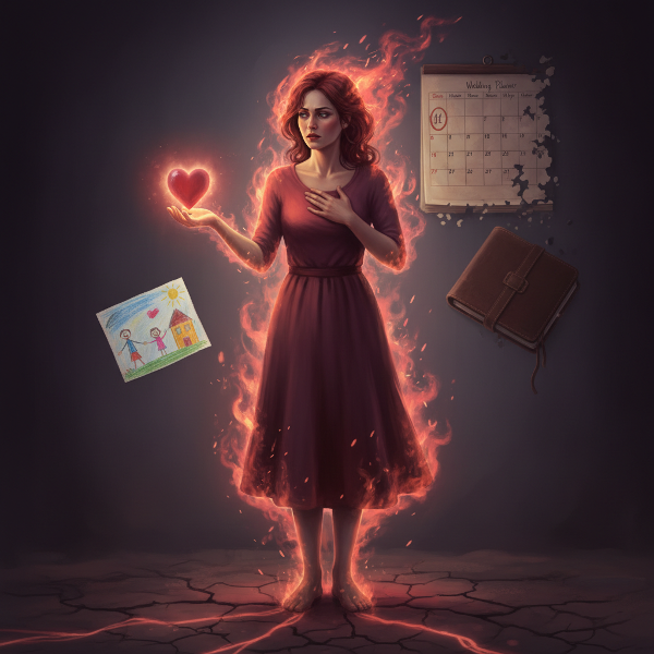 Žena v konfliktu mezi štědrostí a vyčerpáním, s vnitřním hněvem znázorněným jako energie kolem ní.