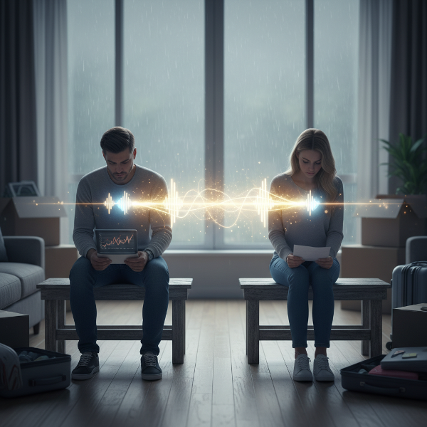 Pár sedící spolu, ale vzdáleně, s mostem světla spojujícím jejich srdce, symbolizující komunikaci a emocionální porozumění během stresujících životních změn.