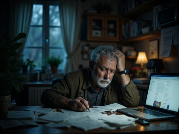 Muž středního věku zaplavený starostmi o finance a práci u nočního stolu, s náznakem klidu v pozadí.