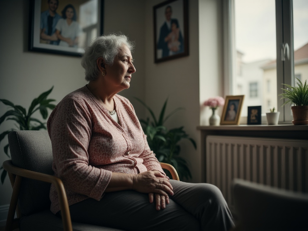 Ilustrace ženy v důchodu s bolestmi zad, která reflektuje svůj život a nevyjádřené emoce.